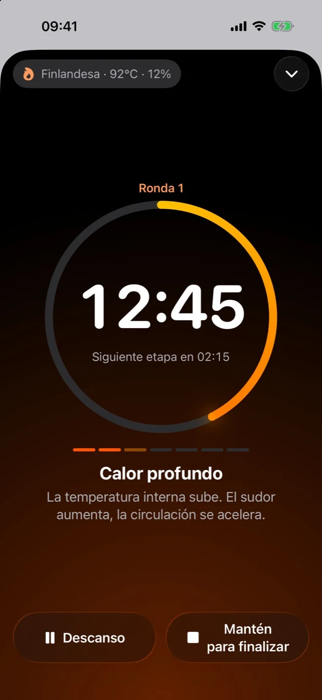Sauna Metrics en el iPhone: temporizador durante una sesión