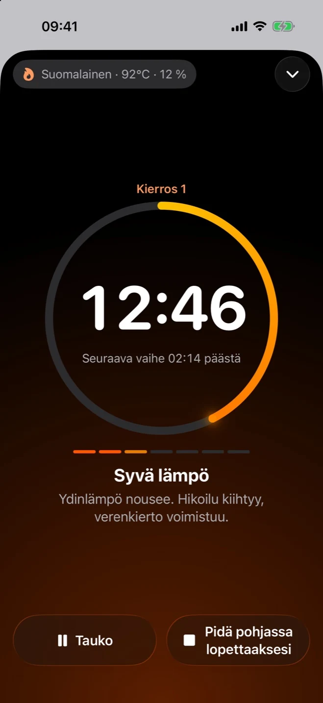 Sauna Metrics iPhonessa: ajastin saunakerran aikana