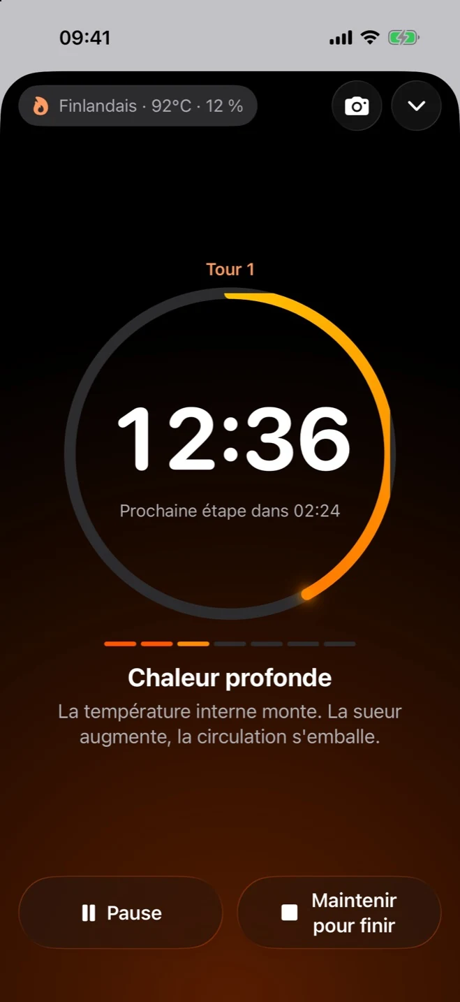 Sauna Metrics sur iPhone : minuteur d’une séance en cours