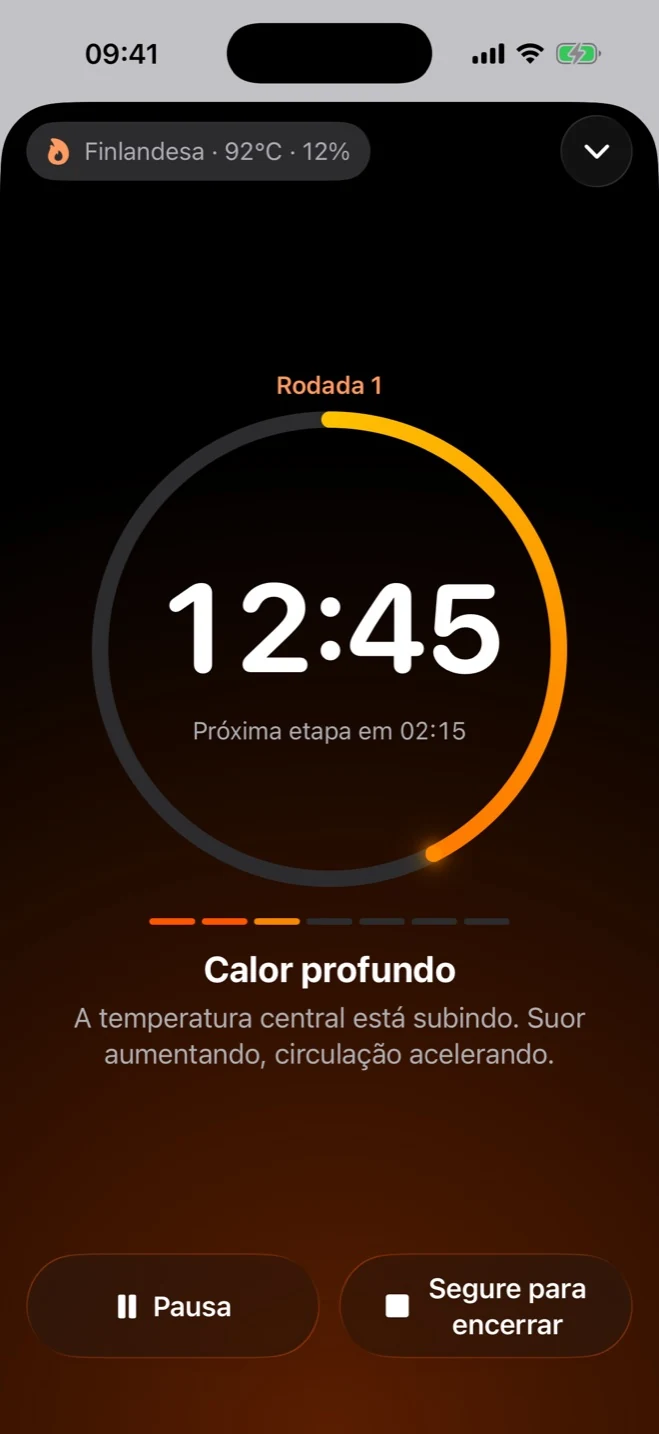 Sauna Metrics no iPhone: timer durante uma sessão